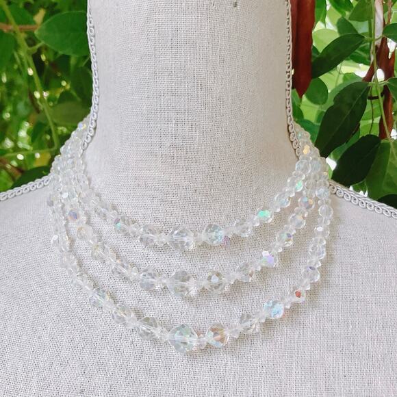 VTG Mid Century AB Crystal Triple Strand Necklace Aurora Borealis 1950s Bridal - Picture 2 of 12